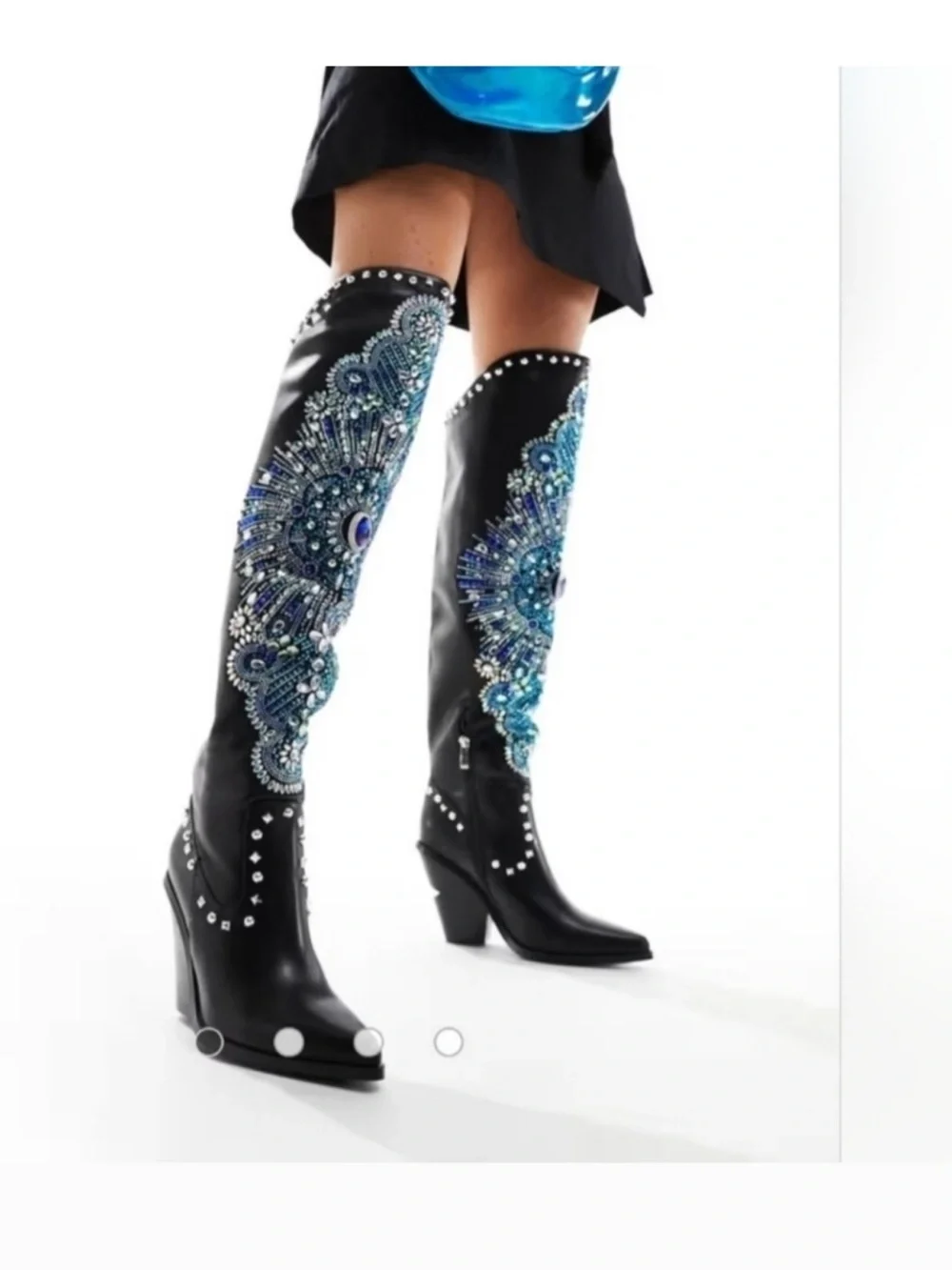 Azalea Wang Axelbeat Embellished Black Over-the-Knee Boot with Blue Accents 8.5